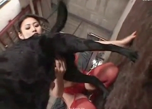 Asian whore is giving a handjob to a doggo